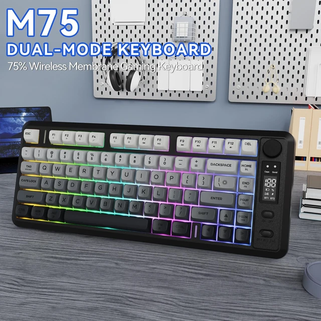 Alt view image 2 of 7 - Wireless Gaming Keyboard, 75% 82-Key Membrane,RGB-Moon Night | Mechanical Feel, Smart Display & Knob, PBT Gradient Keycaps, 2.4G Wireless, Bluetooth, 2000mAh Battery for PC, MAC