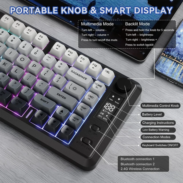 Alt view image 3 of 7 - Wireless Gaming Keyboard, 75% 82-Key Membrane,RGB-Moon Night | Mechanical Feel, Smart Display & Knob, PBT Gradient Keycaps, 2.4G Wireless, Bluetooth, 2000mAh Battery for PC, MAC