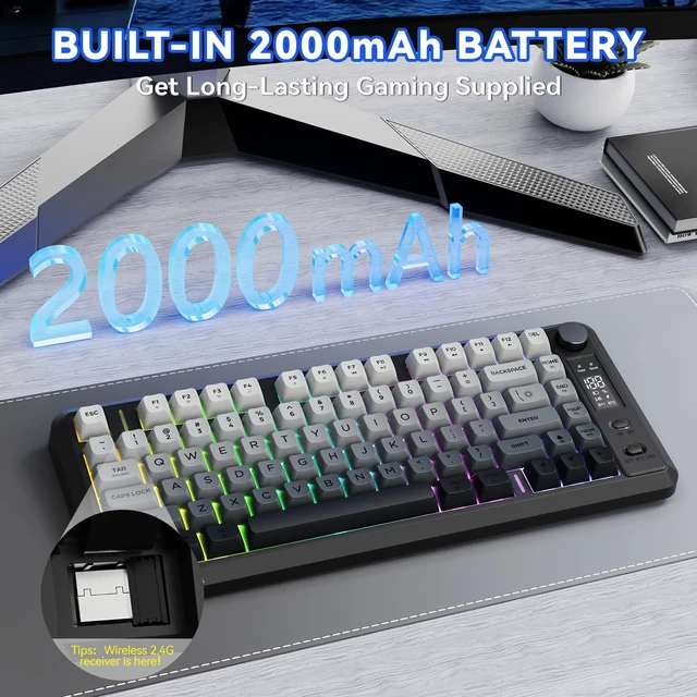 Alt view image 4 of 7 - Wireless Gaming Keyboard, 75% 82-Key Membrane,RGB-Moon Night | Mechanical Feel, Smart Display & Knob, PBT Gradient Keycaps, 2.4G Wireless, Bluetooth, 2000mAh Battery for PC, MAC
