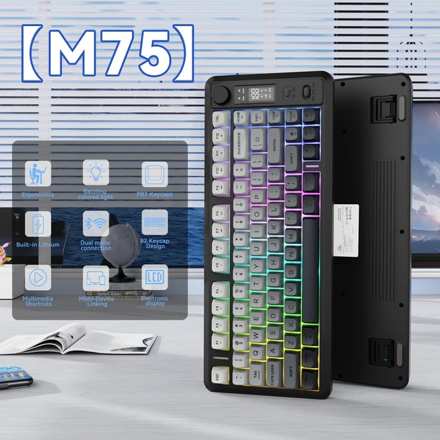 Alt view image 5 of 7 - Wireless Gaming Keyboard, 75% 82-Key Membrane,RGB-Moon Night | Mechanical Feel, Smart Display & Knob, PBT Gradient Keycaps, 2.4G Wireless, Bluetooth, 2000mAh Battery for PC, MAC
