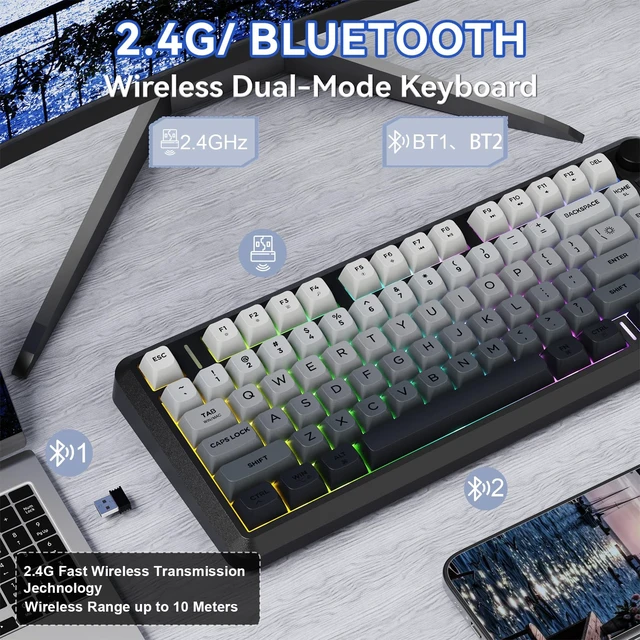 Alt view image 6 of 7 - Wireless Gaming Keyboard, 75% 82-Key Membrane,RGB-Moon Night | Mechanical Feel, Smart Display & Knob, PBT Gradient Keycaps, 2.4G Wireless, Bluetooth, 2000mAh Battery for PC, MAC