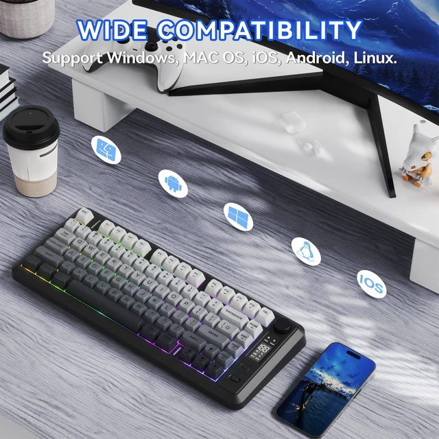 Alt view image 7 of 7 - Wireless Gaming Keyboard, 75% 82-Key Membrane,RGB-Moon Night | Mechanical Feel, Smart Display & Knob, PBT Gradient Keycaps, 2.4G Wireless, Bluetooth, 2000mAh Battery for PC, MAC