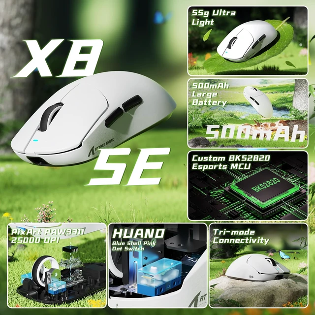 Alt view image 2 of 7 - X8 SE 55g Superlight Wireless Gaming Mouse,BK52820 Tri-Mode BT/2.4G Wireless/Wired Mouse,25000DPI,500mAh Battery,Med to Large Hand Size,5 Programmable Buttons for Pc/Mac(White)