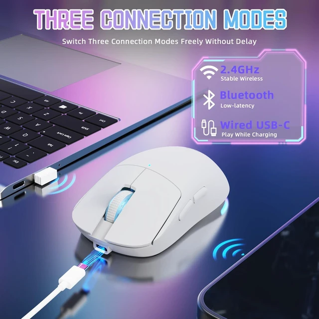 Alt view image 3 of 7 - G6 Wireless Gaming Mouse,24000 DPI Adjustable,72g Lightweight Mouse,1000Hz Polling Rate,Tir-Mode BT/2.4G/ Wired Gaming Mouse,750mAh Battery,with Grip Tape for Gamer/Office/PC/Mac,White