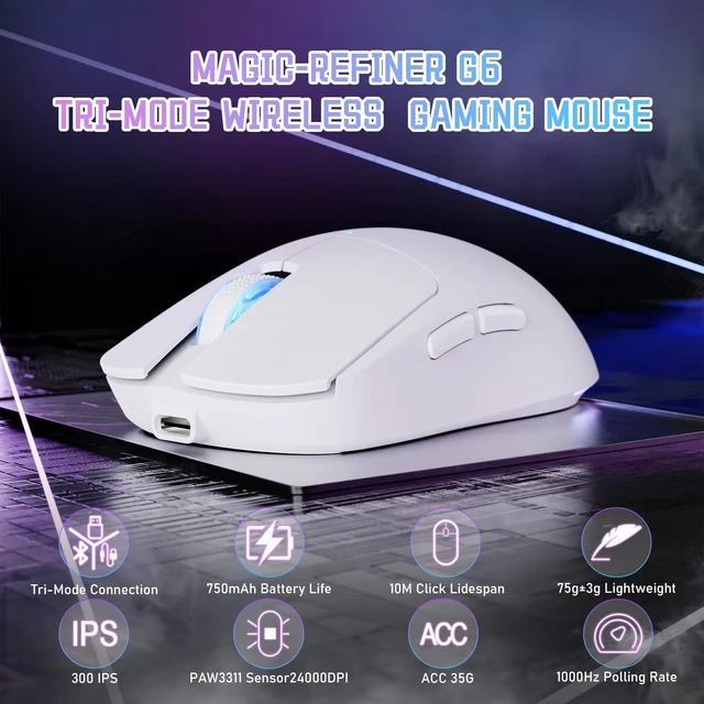 Alt view image 2 of 7 - G6 Wireless Gaming Mouse,24000 DPI Adjustable,72g Lightweight Mouse,1000Hz Polling Rate,Tir-Mode BT/2.4G/ Wired Gaming Mouse,750mAh Battery,with Grip Tape for Gamer/Office/PC/Mac,White