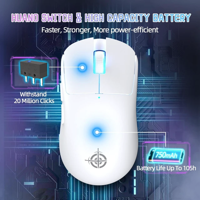 Alt view image 6 of 7 - G6 Wireless Gaming Mouse,24000 DPI Adjustable,72g Lightweight Mouse,1000Hz Polling Rate,Tir-Mode BT/2.4G/ Wired Gaming Mouse,750mAh Battery,with Grip Tape for Gamer/Office/PC/Mac,White