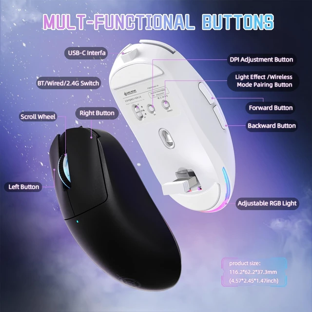 Alt view image 7 of 7 - G6 Wireless Gaming Mouse,24000 DPI Adjustable,72g Lightweight Mouse,1000Hz Polling Rate,Tir-Mode BT/2.4G/ Wired Gaming Mouse,750mAh Battery,with Grip Tape for Gamer/Office/PC/Mac,White