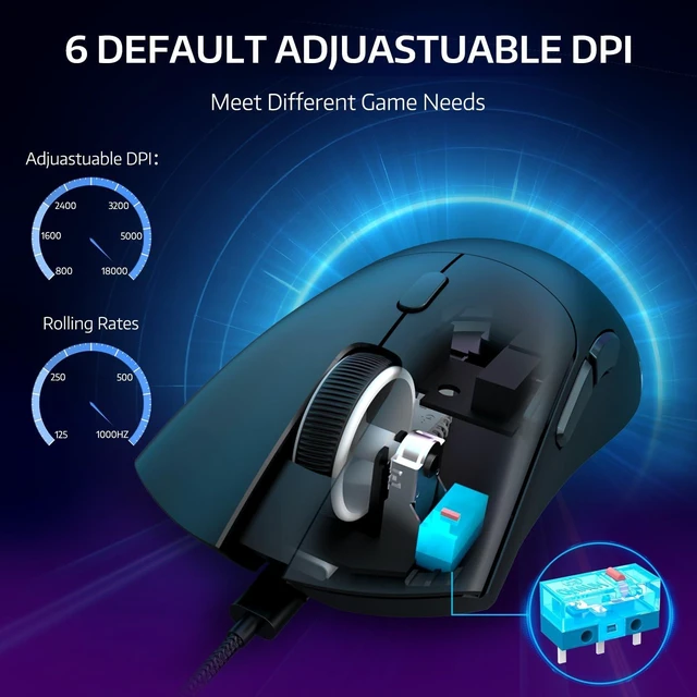 Alt view image 7 of 7 - R1 Wireless Gaming Mouse,Tri-Mode Connection (2.4G/Wired/BT5.2),55g Lightweight,18K DPI Optical Sensor,HUYU 20 Million Key Life,Ergonomic Design,for PC/Laptop/Win/Mac(Black)