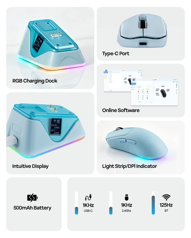 Alt view image 4 of 7 - NEX Lite Wireless Gaming Mouse w/Screens & RGB Charging Dock | 65g Right-Hand Gaming Mice, PAW3311 Sensor, 1K Polling, 12K DPI, BT 5.0/2.4GHz/USB-C, for Gaming & Office (Blue)