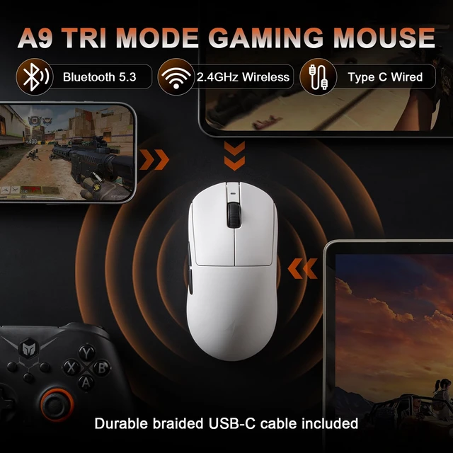 Alt view image 3 of 7 - A9 Wireless Gaming Mouse, 18000 DPI, PAW3395 SE Sensor-White | 53G Lightweight, Tri-Mode 2.4G/BT/USB-C Wired Mouse, 520mAh Battery,Programmable Ergonomic Mouse,Office Mice for PC/Win/Mac