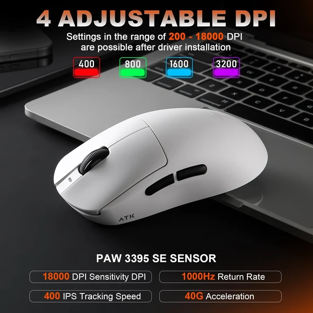 Alt view image 4 of 7 - A9 Wireless Gaming Mouse, 18000 DPI, PAW3395 SE Sensor-White | 53G Lightweight, Tri-Mode 2.4G/BT/USB-C Wired Mouse, 520mAh Battery,Programmable Ergonomic Mouse,Office Mice for PC/Win/Mac