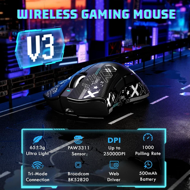Alt view image 2 of 7 - Shark V3 Tri-Mode Wireless Gaming Mouse 62g Lightweight Ergonomic | PAW3311 Sensor UP to 25000 DPI Programmable Buttons 500mAH 2.4Ghz/BT/USB-C Wired Mice for PC/Mac With Antislip Griptape-Black