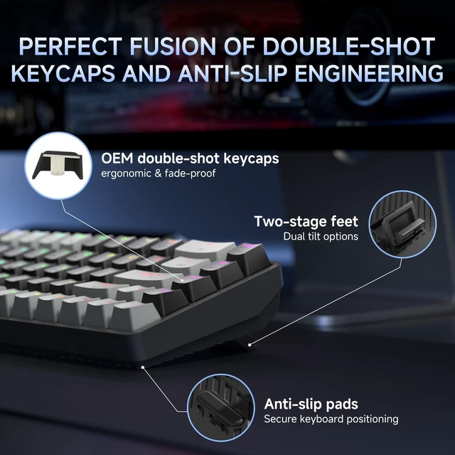 Alt view image 7 of 7 - DK68 60% Wireless Mechanical Gaming Keyboard, 3-Mode, Bluetooth 5.0/2.4G/USB-C, RGB Backlit, 68-Key Compact Mini for Windows, Mac, Linux - Linear Red Switch - Grey/Black