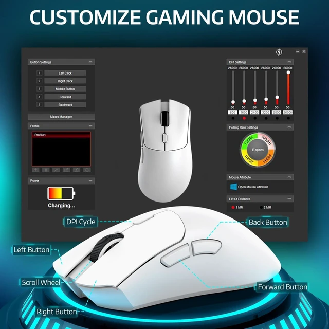 Alt view image 5 of 7 - R1 Wireless Gaming Mouse,Tri-Mode Connection (2.4G/Wired/BT5.2),55g Lightweight,18K DPI Optical Sensor,HUYU 20 Million Key Life,Ergonomic Design,for PC/Laptop/Win/Mac(White)