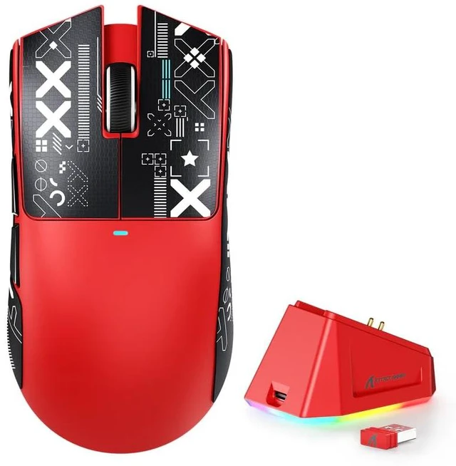 Main image of X11 Ultra-Light Triple Mode Gaming Mouse PAW3311 Optical Sensor 22K DPI 5 programmable Buttons with Magnetic Charging Stand for PC/Mac Red&Sticker