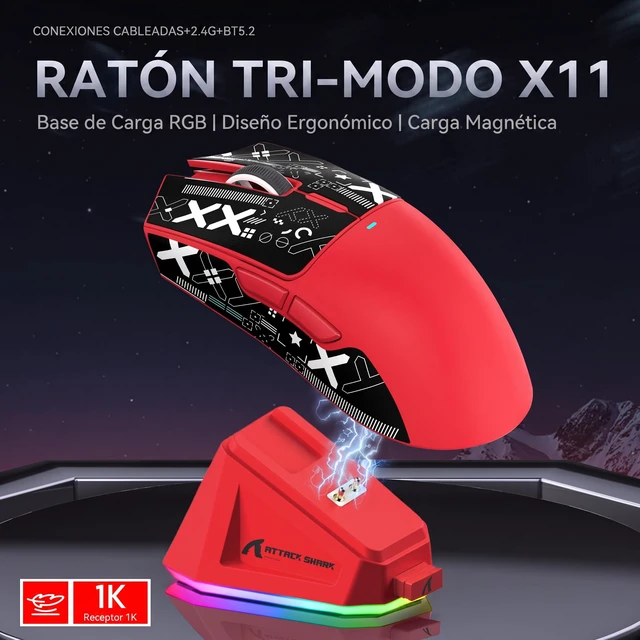Alt view image 2 of 7 - X11 Ultra-Light Triple Mode Gaming Mouse PAW3311 Optical Sensor 22K DPI 5 programmable Buttons with Magnetic Charging Stand for PC/Mac Red&Sticker