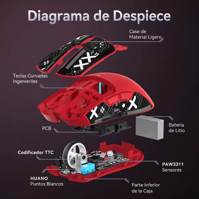 Alt view image 5 of 7 - X11 Ultra-Light Triple Mode Gaming Mouse PAW3311 Optical Sensor 22K DPI 5 programmable Buttons with Magnetic Charging Stand for PC/Mac Red&Sticker