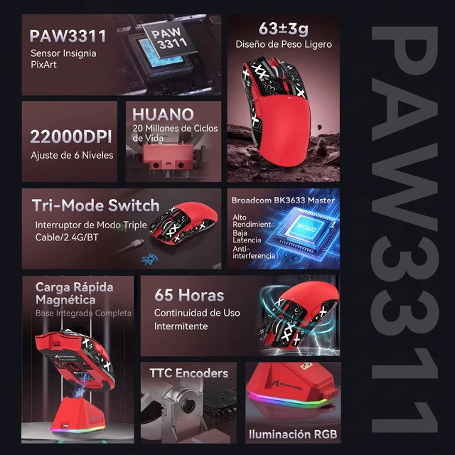 Alt view image 7 of 7 - X11 Ultra-Light Triple Mode Gaming Mouse PAW3311 Optical Sensor 22K DPI 5 programmable Buttons with Magnetic Charging Stand for PC/Mac Red&Sticker
