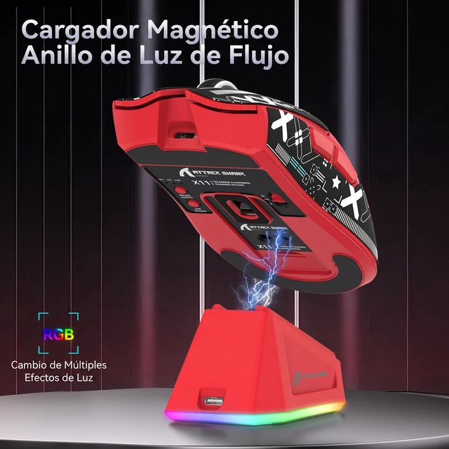 Alt view image 6 of 7 - X11 Ultra-Light Triple Mode Gaming Mouse PAW3311 Optical Sensor 22K DPI 5 programmable Buttons with Magnetic Charging Stand for PC/Mac Red&Sticker