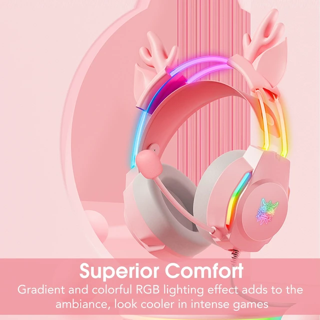 Alt view image 2 of 5 - Gaming Headset with Microphone, Deer Ears Headphones for PC Laptop PS4 PS5 Xbox Switch, Rainbow RGB Lighting & Virtual Surround Sound, 3.5mm Over Ear Headphones, Ergonomic