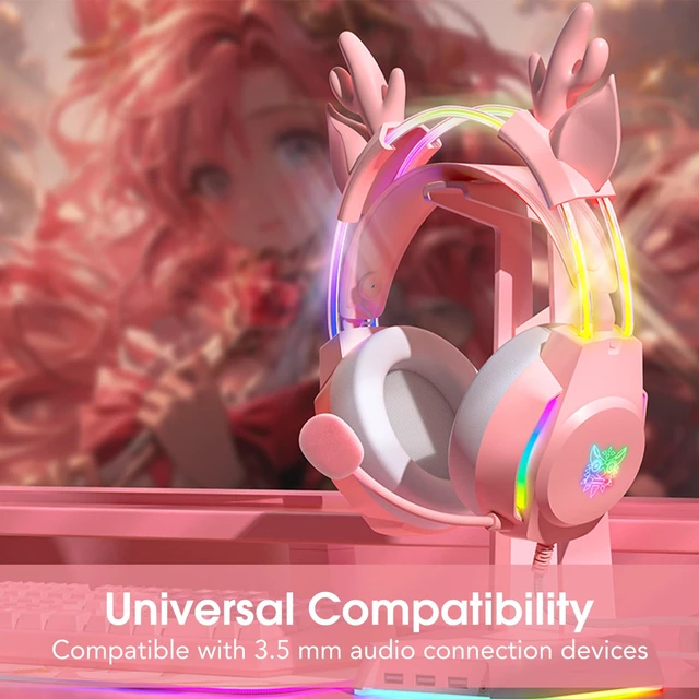 Alt view image 4 of 5 - Gaming Headset with Microphone, Deer Ears Headphones for PC Laptop PS4 PS5 Xbox Switch, Rainbow RGB Lighting & Virtual Surround Sound, 3.5mm Over Ear Headphones, Ergonomic