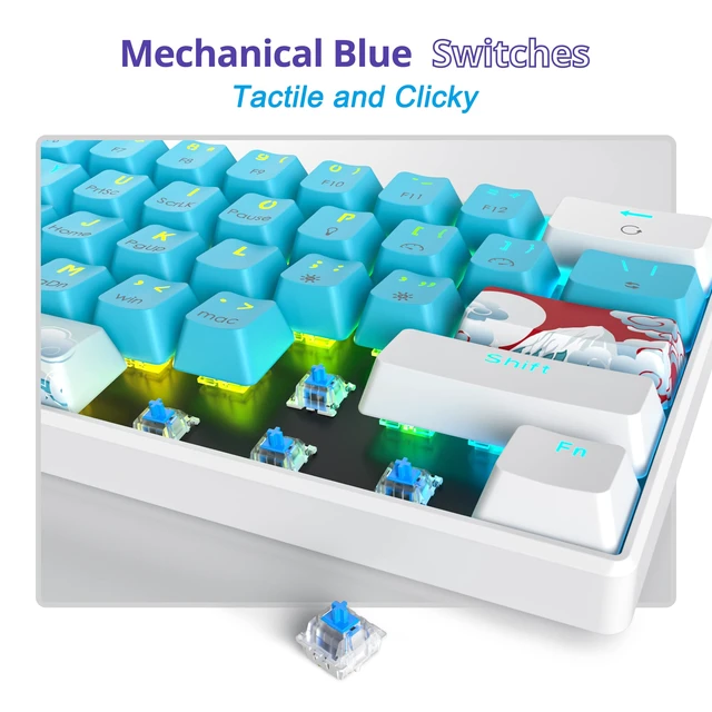 Alt view image 3 of 7 - 60% Mechanical Keyboard, 61 Keys Gaming Keyboard, RGB Backlit, Compact 60 Percent Wired Keyboard for Win/Mac PC Gamer, Easy to Carry on Trip (Blue,Blue Switch)