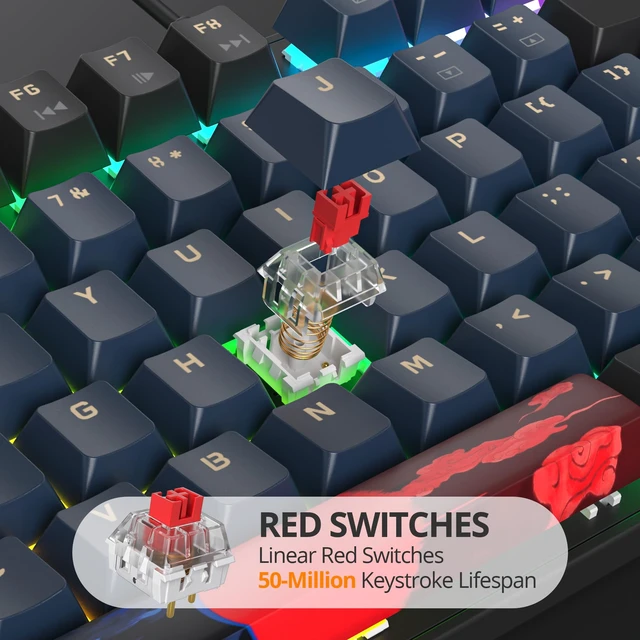 Alt view image 2 of 6 - surmen Full Size Creamy Keyboard with Number Pad, 104 Keys RGB Wired Mechanical Gaming Keyboard Backlit with PBT Keycaps Linear Red Switch for Laptop Desktop PC Gamers104 Blue Samurai