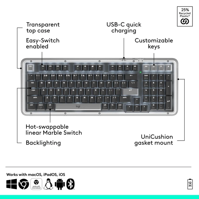Alt view image 7 of 7 - Logitech Alto Keys K98M Wireless Mechanical Gasket Keyboard - Graphite | Customizable, clicky, vibration absorbing gasket, white backlit keys, Bluetooth, USB-C charging, for PC, Mac, Laptops