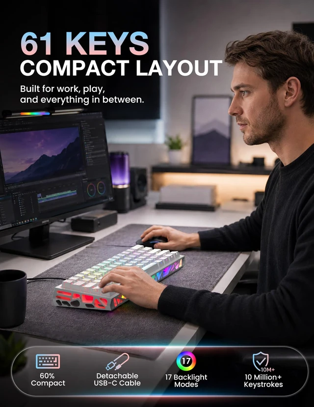Alt view image 3 of 7 - LAMA 60% Mechanical Gaming Keyboard, FullKey HotSwap DIY Custom Keyboard, 16 RGB Backlight Modes, Compact Portable Layout, Detachable USBC Cable for Gaming & Office Use, White