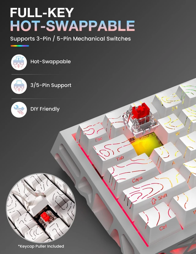 Alt view image 4 of 7 - LAMA 60% Mechanical Gaming Keyboard, FullKey HotSwap DIY Custom Keyboard, 16 RGB Backlight Modes, Compact Portable Layout, Detachable USBC Cable for Gaming & Office Use, White