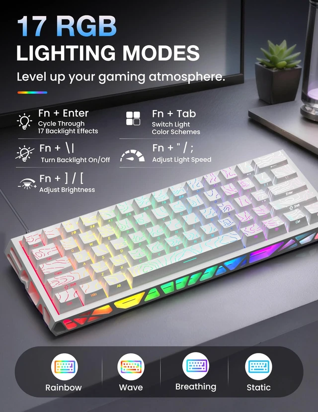 Alt view image 6 of 7 - LAMA 60% Mechanical Gaming Keyboard, FullKey HotSwap DIY Custom Keyboard, 16 RGB Backlight Modes, Compact Portable Layout, Detachable USBC Cable for Gaming & Office Use, White