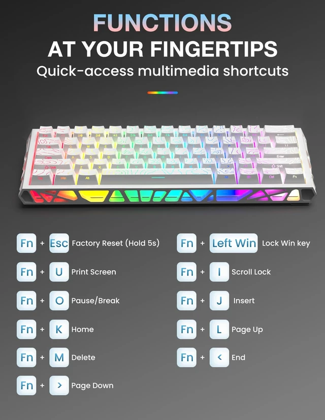 Alt view image 7 of 7 - LAMA 60% Mechanical Gaming Keyboard, FullKey HotSwap DIY Custom Keyboard, 16 RGB Backlight Modes, Compact Portable Layout, Detachable USBC Cable for Gaming & Office Use, White