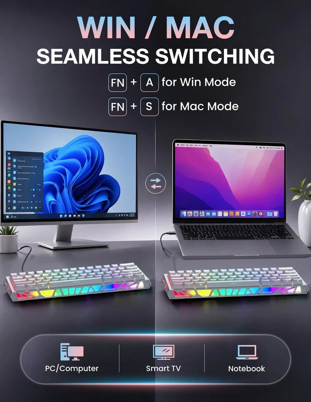 Alt view image 2 of 7 - LAMA 60% Mechanical Gaming Keyboard, FullKey HotSwap DIY Custom Keyboard, 16 RGB Backlight Modes, Compact Portable Layout, Detachable USBC Cable for Gaming & Office Use, White