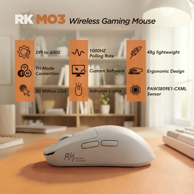 Alt view image 2 of 7 - RK ROYAL KLUDGE MO3 Wireless Gaming Mouse, 48g Lightweight PC Mice, White | Bluetooth/2.4G/USB Rechargeable Computer Mouse, Silent Clicks, 5 Programmable Buttons, 6000 DPI, Online Software for Win/Mac