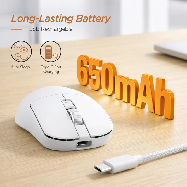 Alt view image 4 of 7 - RK ROYAL KLUDGE MO3 Wireless Gaming Mouse, 48g Lightweight PC Mice, White | Bluetooth/2.4G/USB Rechargeable Computer Mouse, Silent Clicks, 5 Programmable Buttons, 6000 DPI, Online Software for Win/Mac
