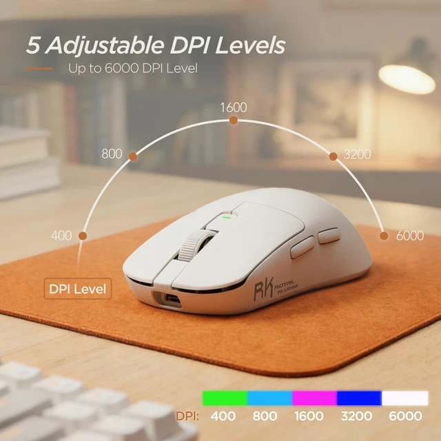 Alt view image 7 of 7 - RK ROYAL KLUDGE MO3 Wireless Gaming Mouse, 48g Lightweight PC Mice, White | Bluetooth/2.4G/USB Rechargeable Computer Mouse, Silent Clicks, 5 Programmable Buttons, 6000 DPI, Online Software for Win/Mac