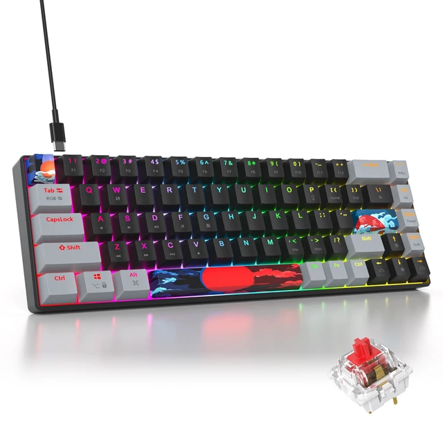 Main image of iRoboosta Black and Grey Mechanical Gaming Keyboard 65%, 68 Keys Small Wired RGB Keyboard with PBT Keycaps, Anti-Ghosting for Game/Office