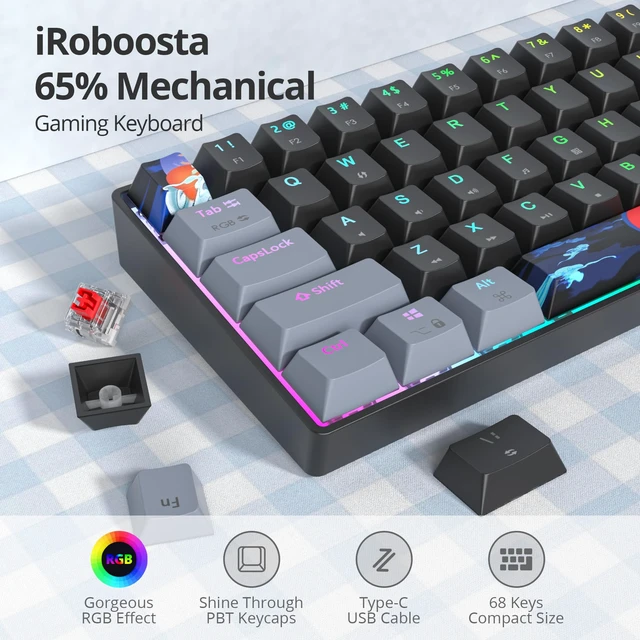 Alt view image 3 of 7 - iRoboosta Black and Grey Mechanical Gaming Keyboard 65%, 68 Keys Small Wired RGB Keyboard with PBT Keycaps, Anti-Ghosting for Game/Office