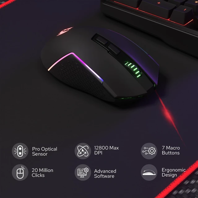 Alt view image 3 of 7 - Redragon Wireless K526 PRO Membrane Keyboard & M693 PRO Gaming Mouse Combo | LED Info Display & Knob, 0-Delay Tri-Mode Both Devices, Adjustable DPI Up to 12800, Shared Dongle for Cordless Desktop