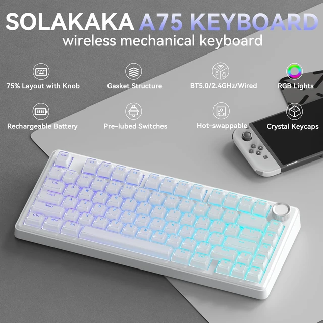 Alt view image 2 of 7 - SOLAKAKA A75 Wireless Gaming Keyboard with Multifunction Knob, BT5.0/2.4GHz/USB-C, 75% Mechanical Keyboard, Hot-Swappable, Gasket Creamy Keyboard with RGB Backlit, Crystal Keycaps, for PC/Mac