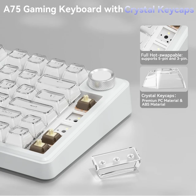 Alt view image 4 of 7 - SOLAKAKA A75 Wireless Gaming Keyboard with Multifunction Knob, BT5.0/2.4GHz/USB-C, 75% Mechanical Keyboard, Hot-Swappable, Gasket Creamy Keyboard with RGB Backlit, Crystal Keycaps, for PC/Mac
