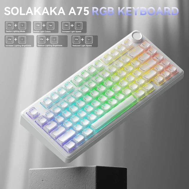 Alt view image 6 of 7 - SOLAKAKA A75 Wireless Gaming Keyboard with Multifunction Knob, BT5.0/2.4GHz/USB-C, 75% Mechanical Keyboard, Hot-Swappable, Gasket Creamy Keyboard with RGB Backlit, Crystal Keycaps, for PC/Mac