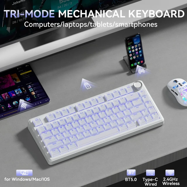 Alt view image 3 of 7 - SOLAKAKA A75 Wireless Gaming Keyboard with Multifunction Knob, BT5.0/2.4GHz/USB-C, 75% Mechanical Keyboard, Hot-Swappable, Gasket Creamy Keyboard with RGB Backlit, Crystal Keycaps, for PC/Mac