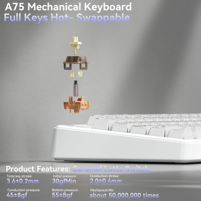 Alt view image 5 of 7 - SOLAKAKA A75 Wireless Gaming Keyboard with Multifunction Knob, BT5.0/2.4GHz/USB-C, 75% Mechanical Keyboard, Hot-Swappable, Gasket Creamy Keyboard with RGB Backlit, Crystal Keycaps, for PC/Mac