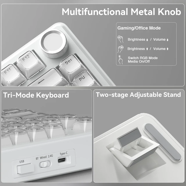 Alt view image 7 of 7 - SOLAKAKA A75 Wireless Gaming Keyboard with Multifunction Knob, BT5.0/2.4GHz/USB-C, 75% Mechanical Keyboard, Hot-Swappable, Gasket Creamy Keyboard with RGB Backlit, Crystal Keycaps, for PC/Mac
