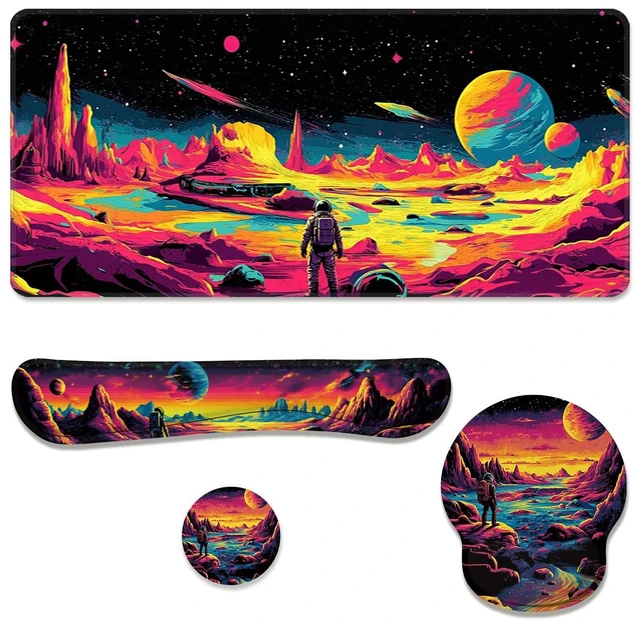 Main image of Space Explorer Desk Mat Set Neon Alien Landscape Mouse Pad with Wrist Rest 4in1 Desk Mat for Desktop Ergonomic Computer Desk Arm Wrist Anti-Slip Computer Mouse Pad Home Office Gaming