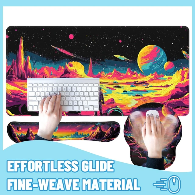 Alt view image 4 of 7 - Space Explorer Desk Mat Set Neon Alien Landscape Mouse Pad with Wrist Rest 4in1 Desk Mat for Desktop Ergonomic Computer Desk Arm Wrist Anti-Slip Computer Mouse Pad Home Office Gaming