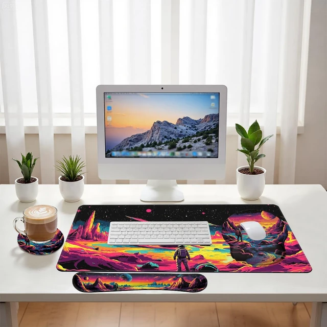 Alt view image 6 of 7 - Space Explorer Desk Mat Set Neon Alien Landscape Mouse Pad with Wrist Rest 4in1 Desk Mat for Desktop Ergonomic Computer Desk Arm Wrist Anti-Slip Computer Mouse Pad Home Office Gaming