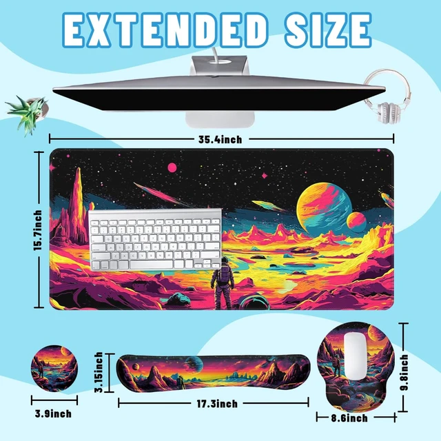 Alt view image 2 of 7 - Space Explorer Desk Mat Set Neon Alien Landscape Mouse Pad with Wrist Rest 4in1 Desk Mat for Desktop Ergonomic Computer Desk Arm Wrist Anti-Slip Computer Mouse Pad Home Office Gaming
