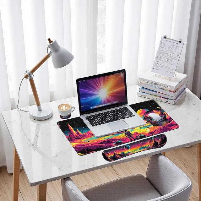 Alt view image 7 of 7 - Space Explorer Desk Mat Set Neon Alien Landscape Mouse Pad with Wrist Rest 4in1 Desk Mat for Desktop Ergonomic Computer Desk Arm Wrist Anti-Slip Computer Mouse Pad Home Office Gaming